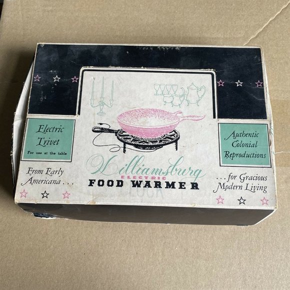 VINTAGE WILLIAMSBURG ELECTRIC TRIVET FOOD WARMER IN Box Black Metal LindaVap